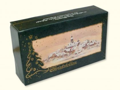 Grüne Stollenkarton mit Winterlandschaft in drei Größen