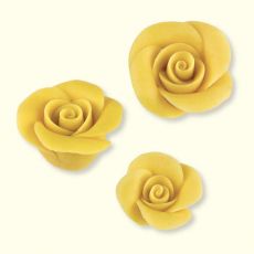 Gelbe Rosen aus Marzipan :: Mittel - Durchmesser: ~ø 35 mm, ArtikelNr: 2154. Klein - Durchmesser: ~ø 24 mm, ArtikelNr: 2174