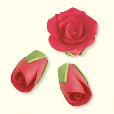 Rote Rosen & -knospen mit grünen Kelchblättern aus Marzipan :: Mittel - Durchmesser: ~ø 40 mm, ArtikelNr: 2370. Klein - Durchmesser: ~30 x 17 mm, ArtikelNr: 2376